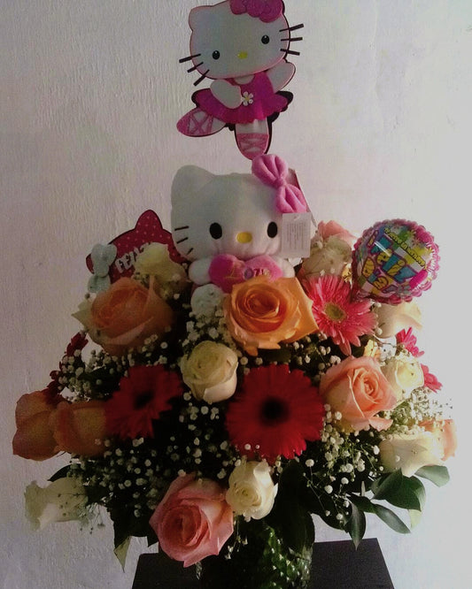 Florero Rosas, Gerberas y Peluche