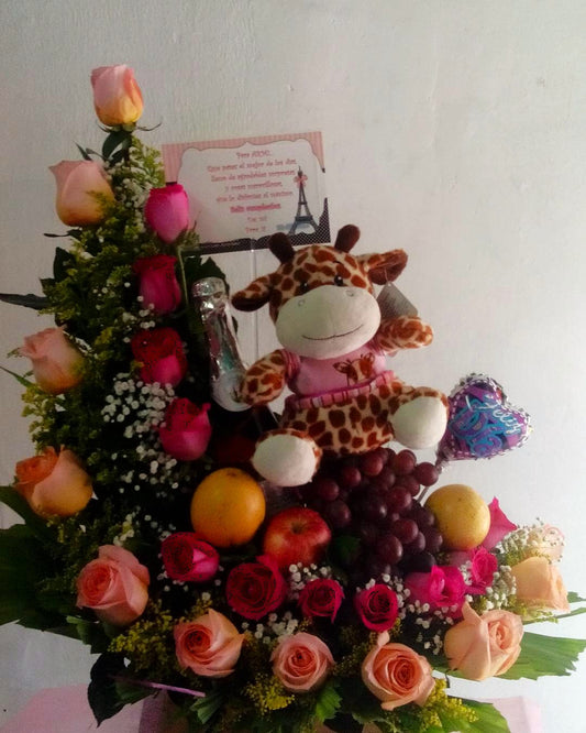 Frutero Media Luna con Rosas, Peluche y Champaña