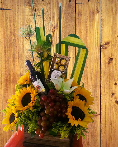 Frutero con Girasoles, Lirios y Vino