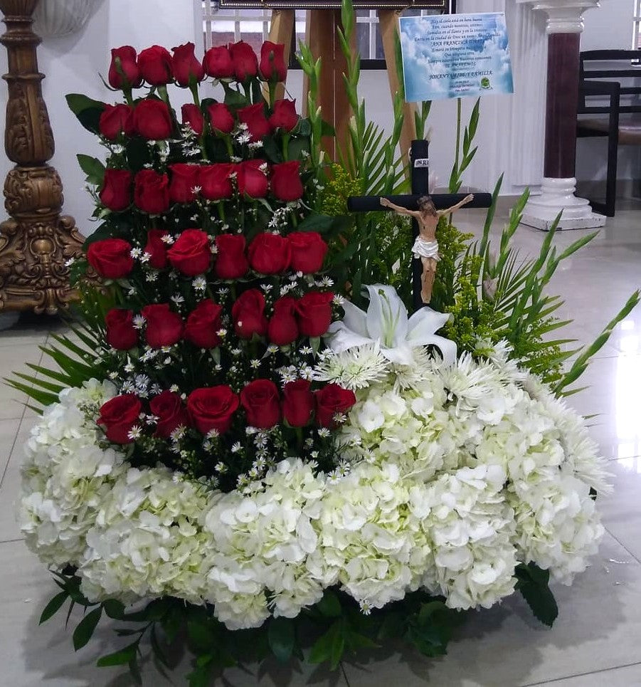 Ramo Tradicional Fúnebre Rosas, Hortensias y Lirios